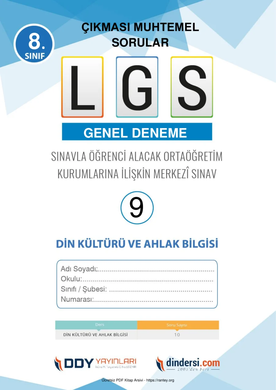 8. Sınıf Çıkması Muhtemel LGS Genel Deneme 9 Din Kültürü kapak görseli