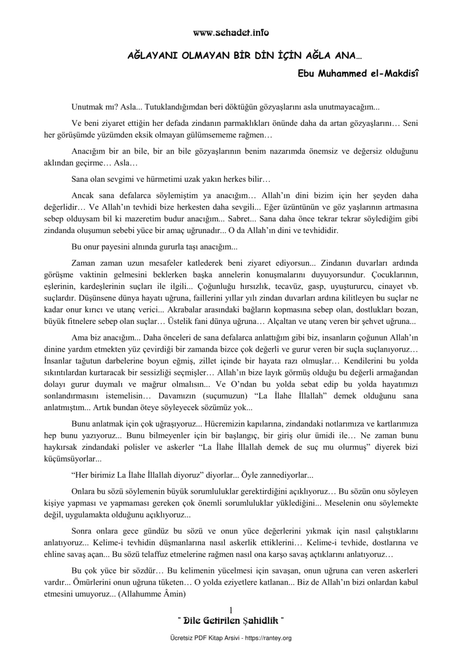AĞLAYANI OLMAYAN BİR DİN İÇİN AĞLA ANA Ebu Muhammed el Makdis Ebu Abdulmumin Tekin Mıhçı kapak görseli