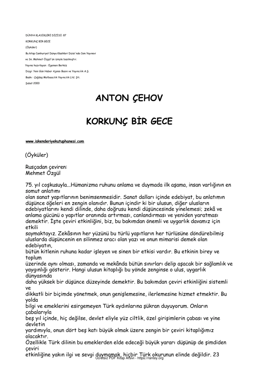 ANTON ÇEHOV korkunc bir giece kapak görseli