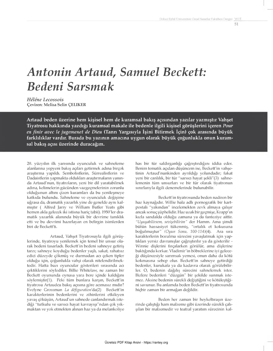 Artaud Samuel Beckett Bedeni Sarsmak kapak görseli