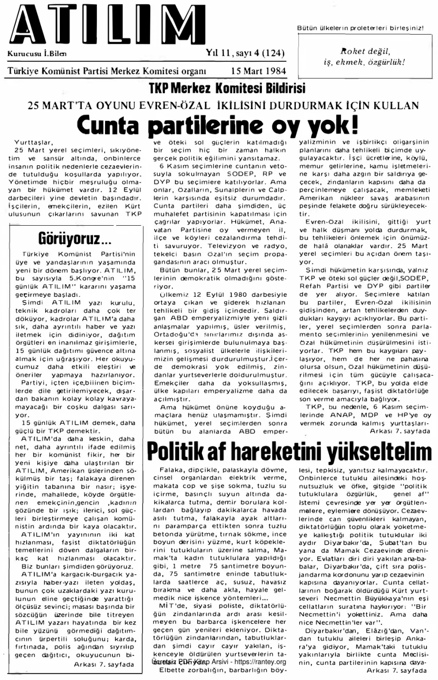 Atılım Sayı 124 - 15 Mart 1984 kapak görseli