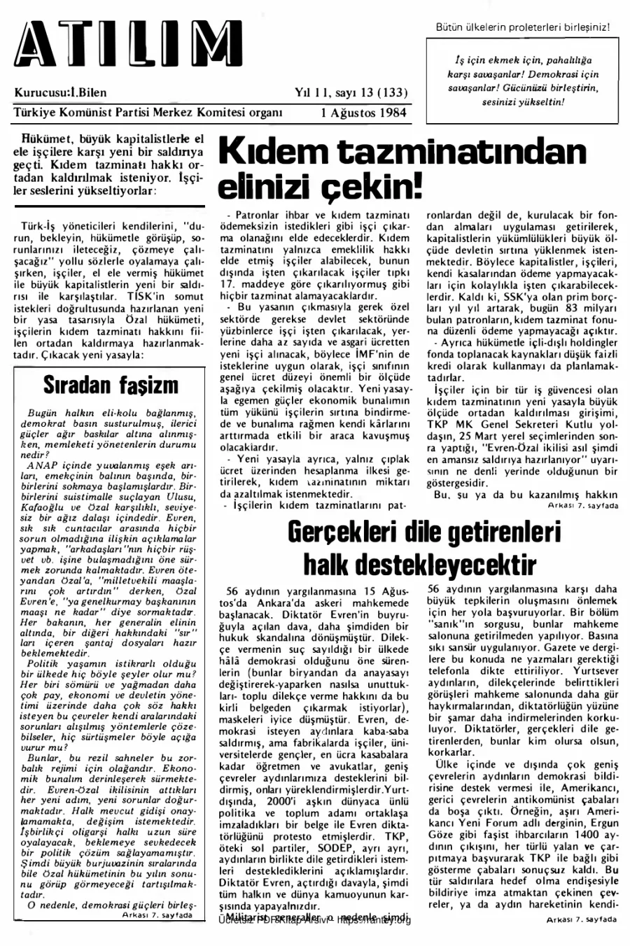 Atılım Sayı 133 - 01 Ağustos 1984 kapak görseli