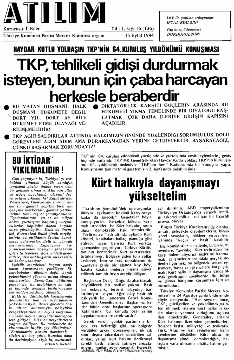 Atılım Sayı 136 - 15 Eylül 1984 kapak görseli
