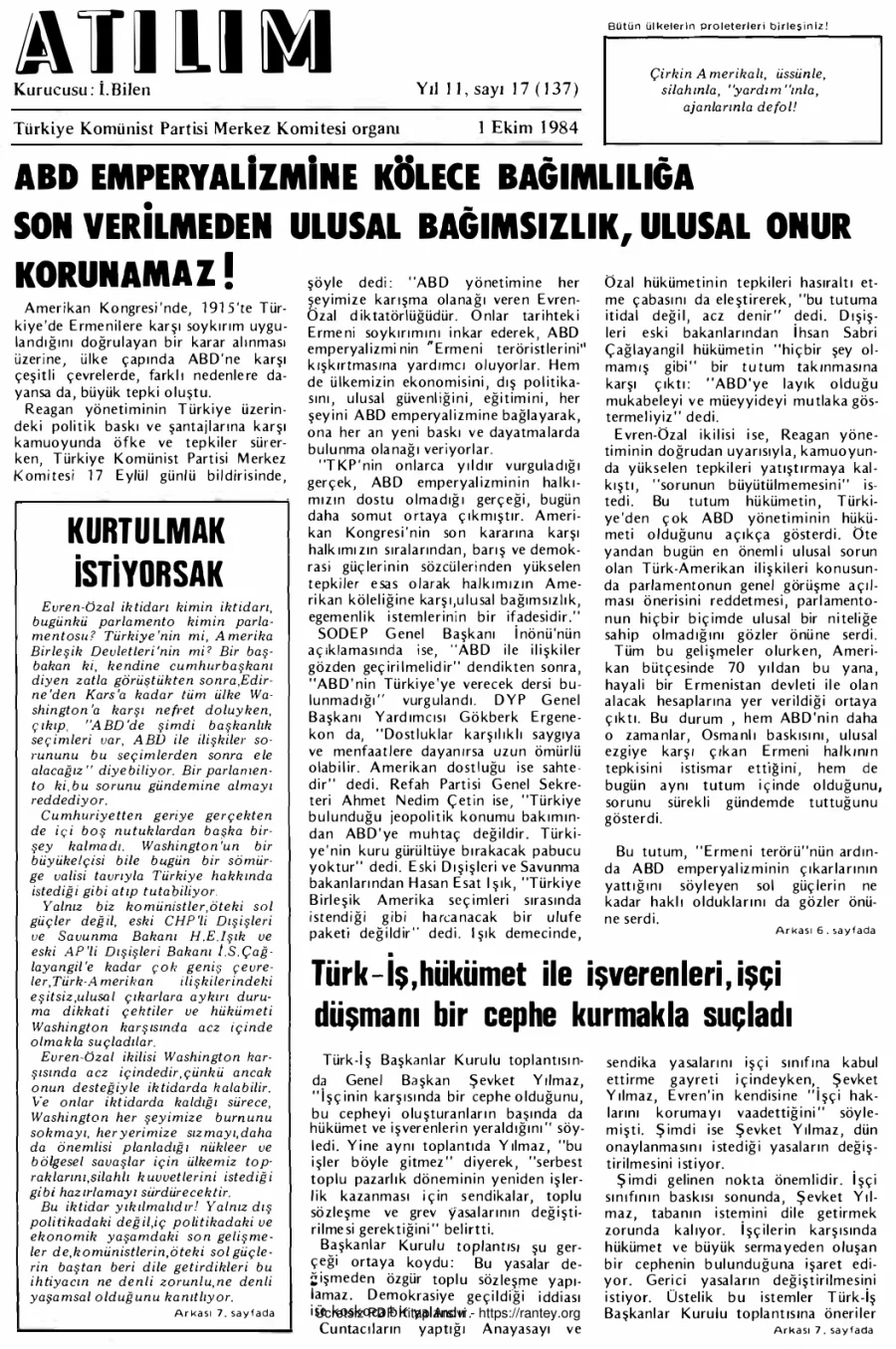 Atılım Sayı 137 - 01 Ekim 1984 kapak görseli