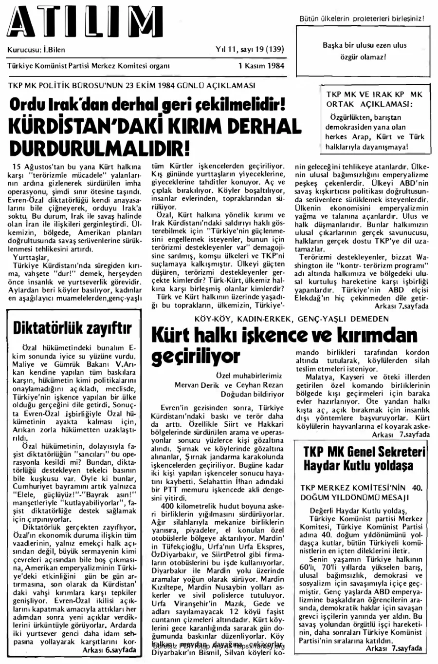 Atılım Sayı 139 - 01 Kasım 1984 kapak görseli