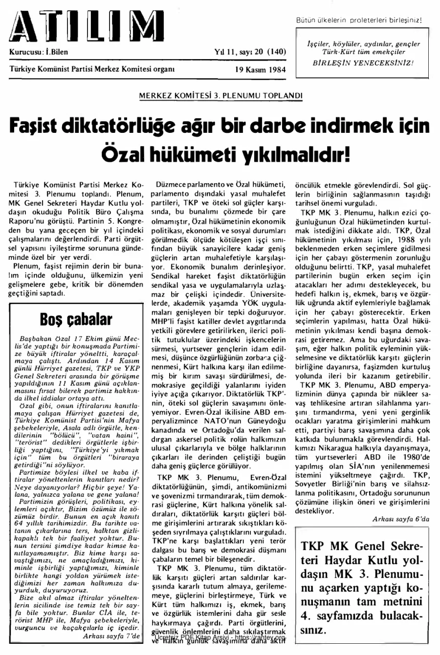 Atılım Sayı 140 - 19 Kasım 1984 kapak görseli