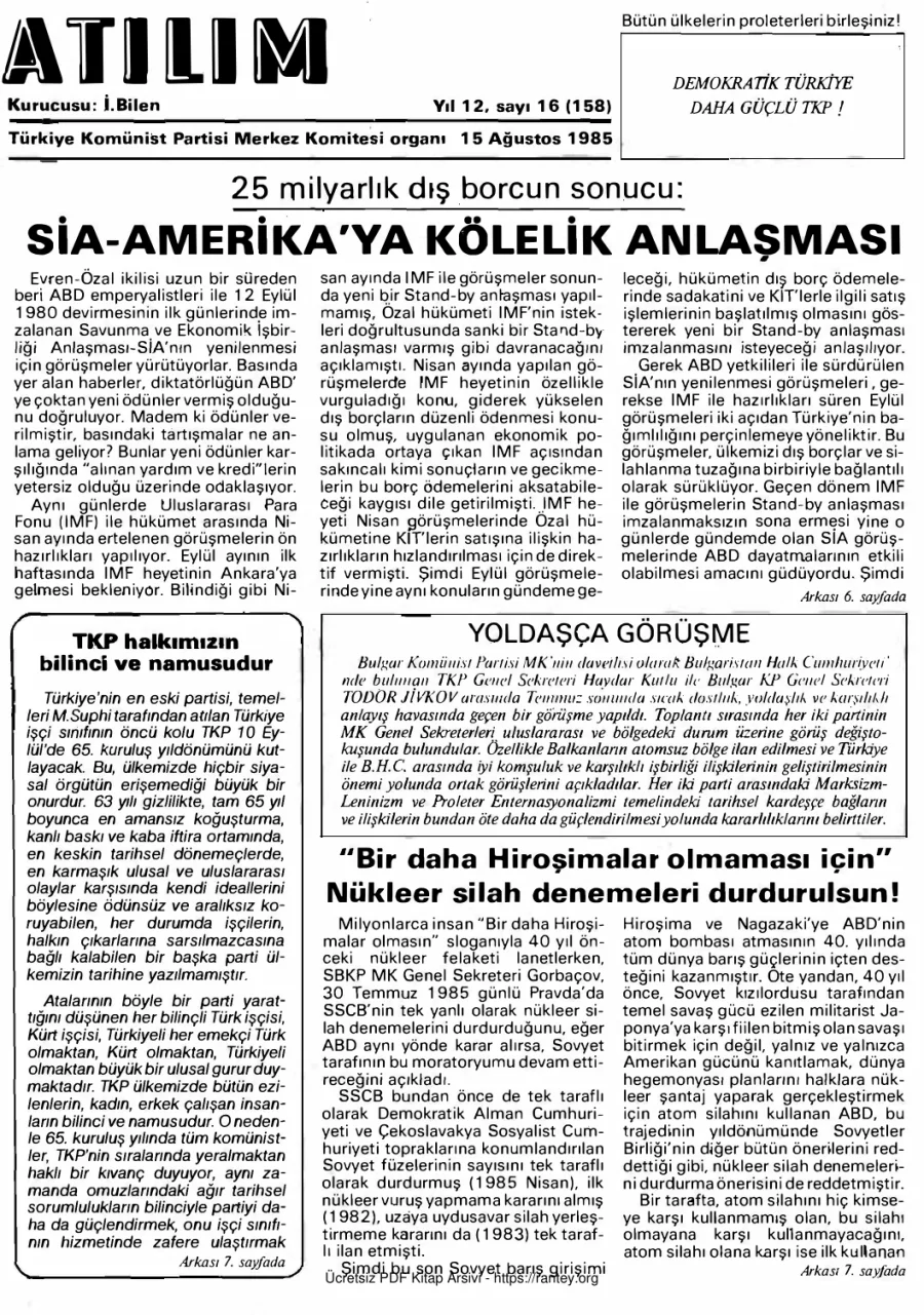 Atılım Sayı 158 - 15 Ağustos 1985 kapak görseli
