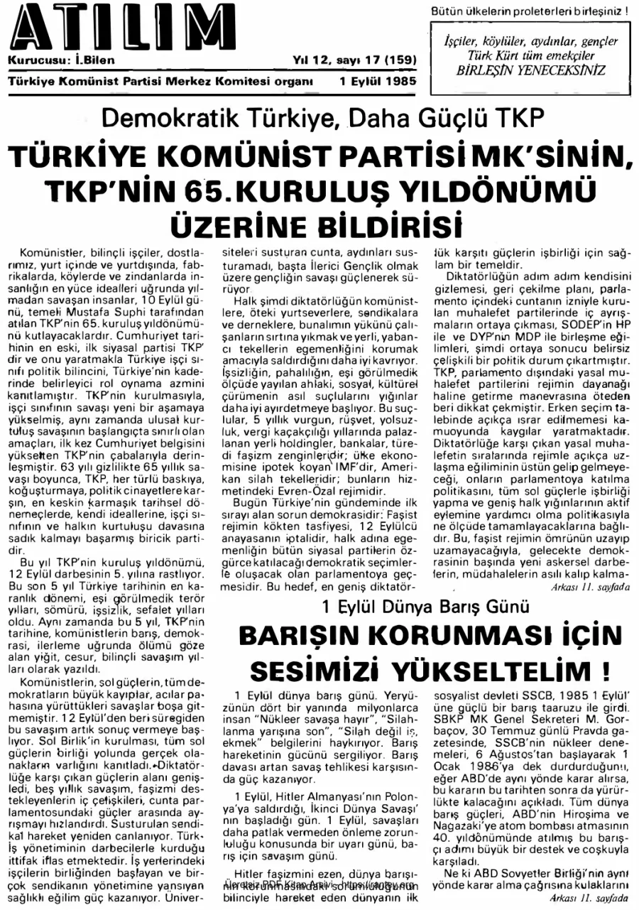 Atılım Sayı 159 - 01 Eylül 1985 kapak görseli