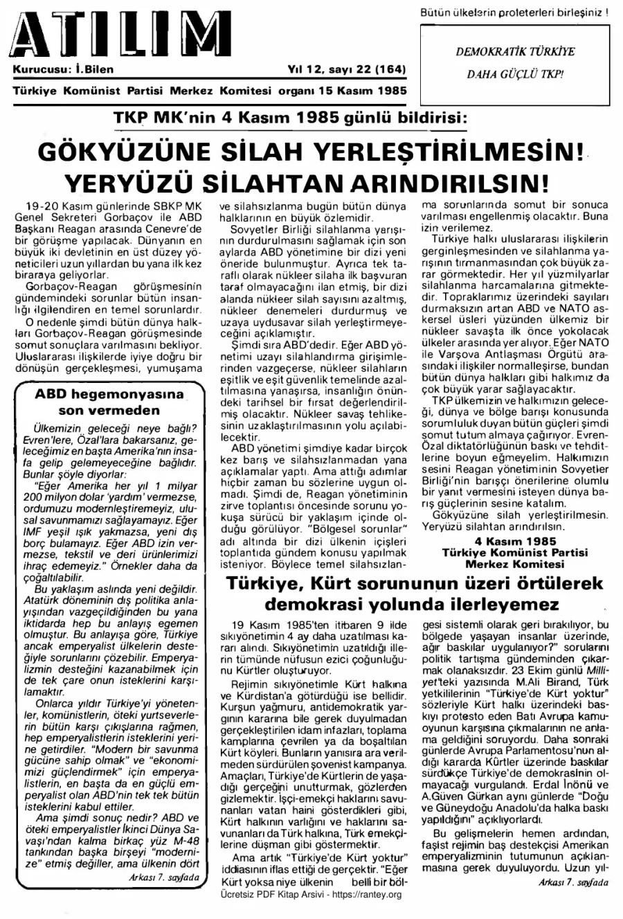 Atılım Sayı 164 - 15 Kasım 1985 kapak görseli