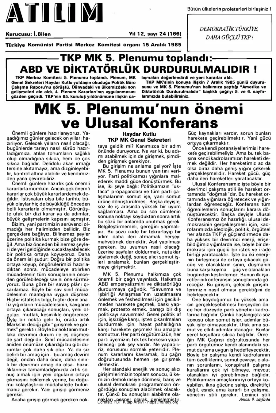 Atılım Sayı 166 - 15 Aralık 1985 kapak görseli