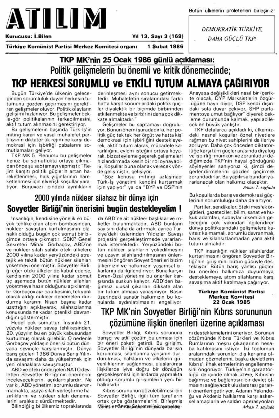 Atılım Sayı 169 - 01 Şubat 1986 kapak görseli