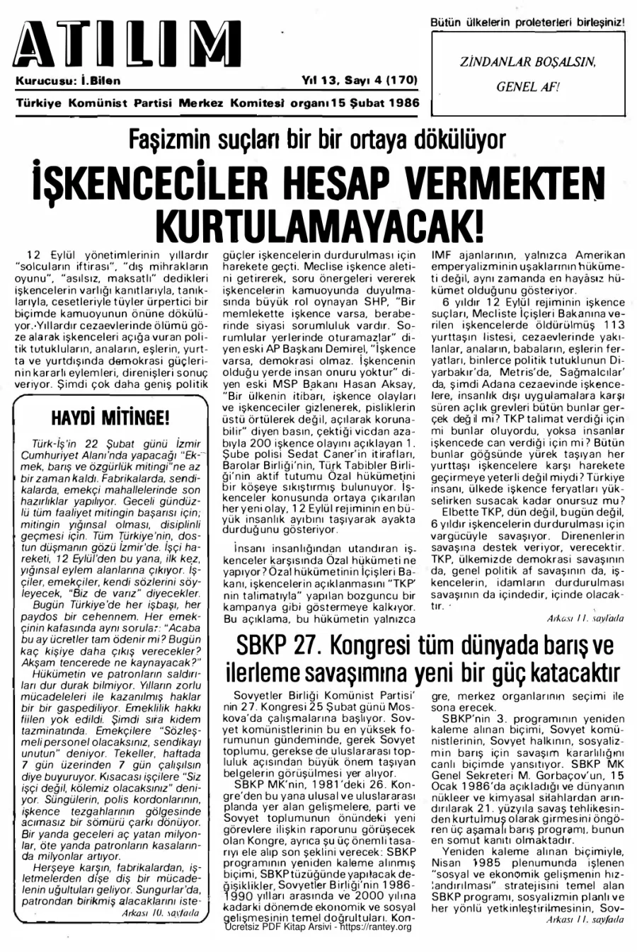 Atılım Sayı 170 - 15 Şubat 1986 kapak görseli