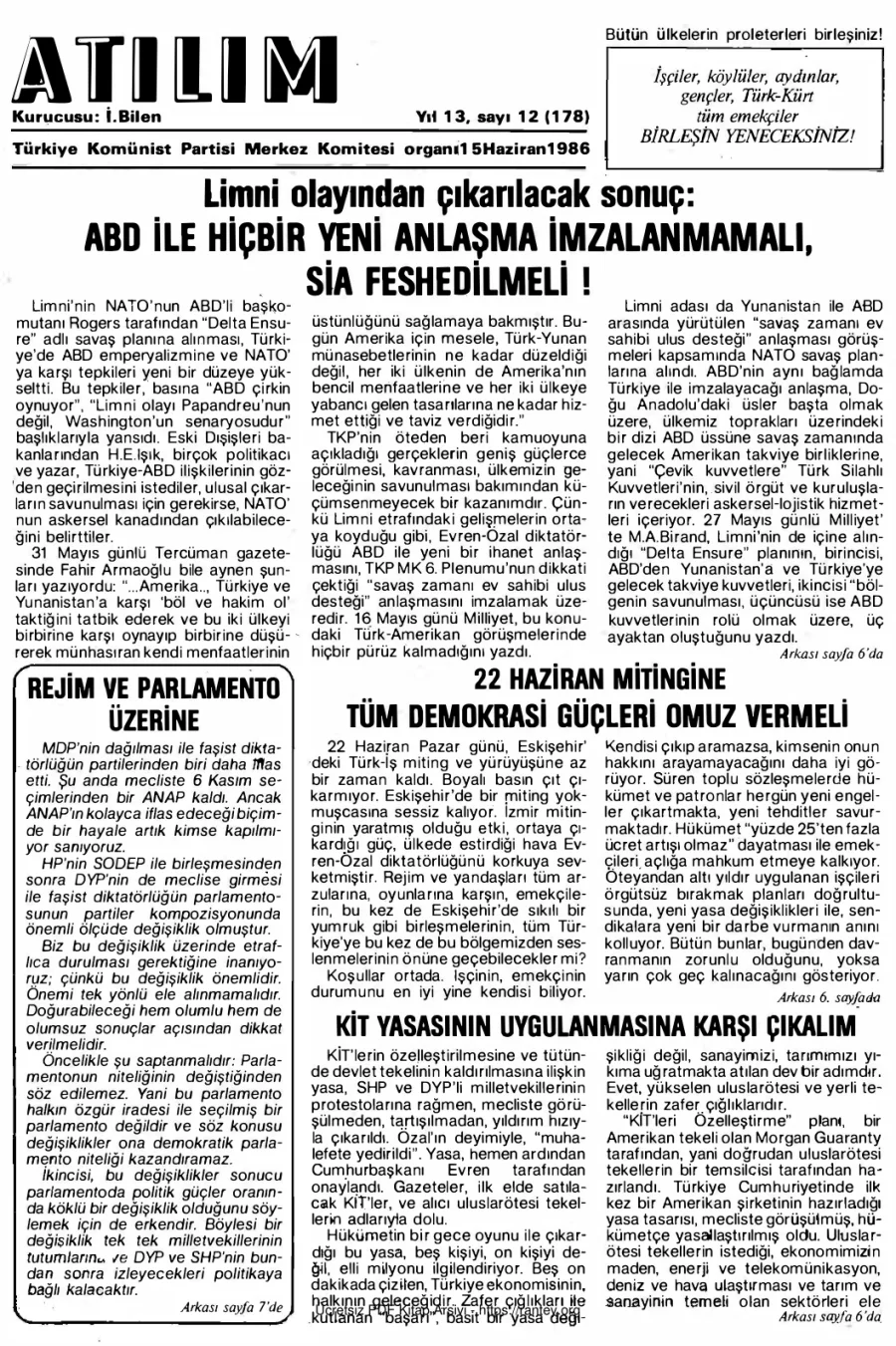 Atılım Sayı 178 - 15 Haziran 1986 kapak görseli