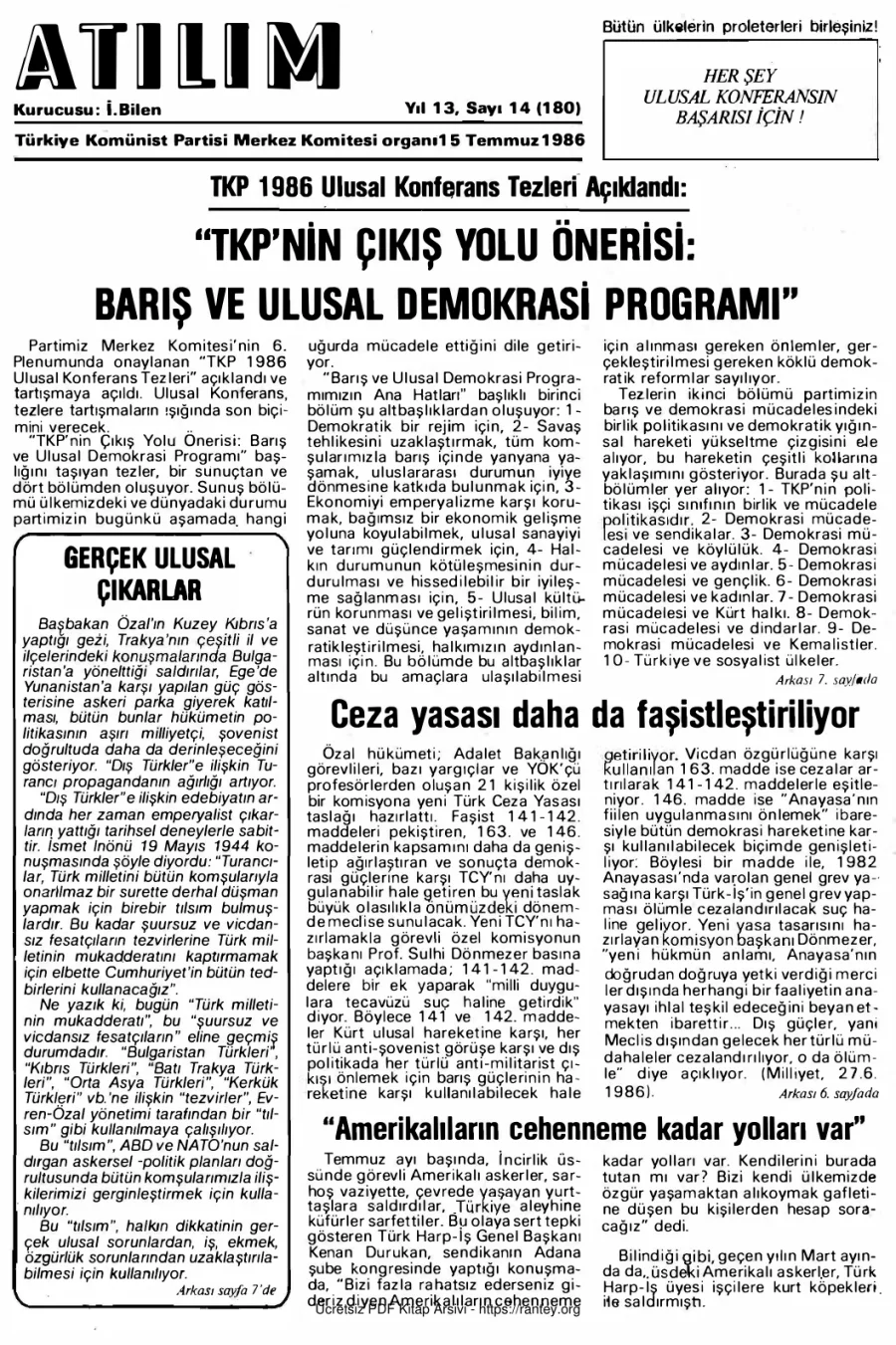 Atılım Sayı 180 - 15 Temmuz 1986 kapak görseli