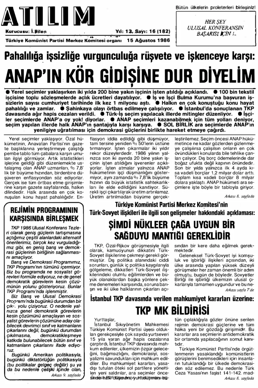 Atılım Sayı 182 - 15 Ağustos 1986 kapak görseli