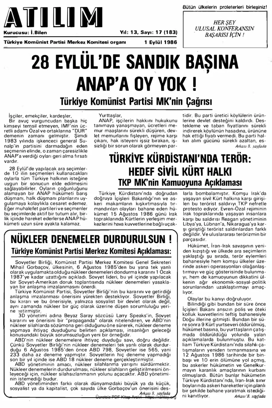 Atılım Sayı 183 - 01 Eylül 1986 kapak görseli