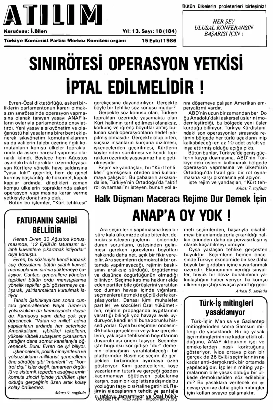 Atılım Sayı 184 - 15 Eylül 1986 kapak görseli