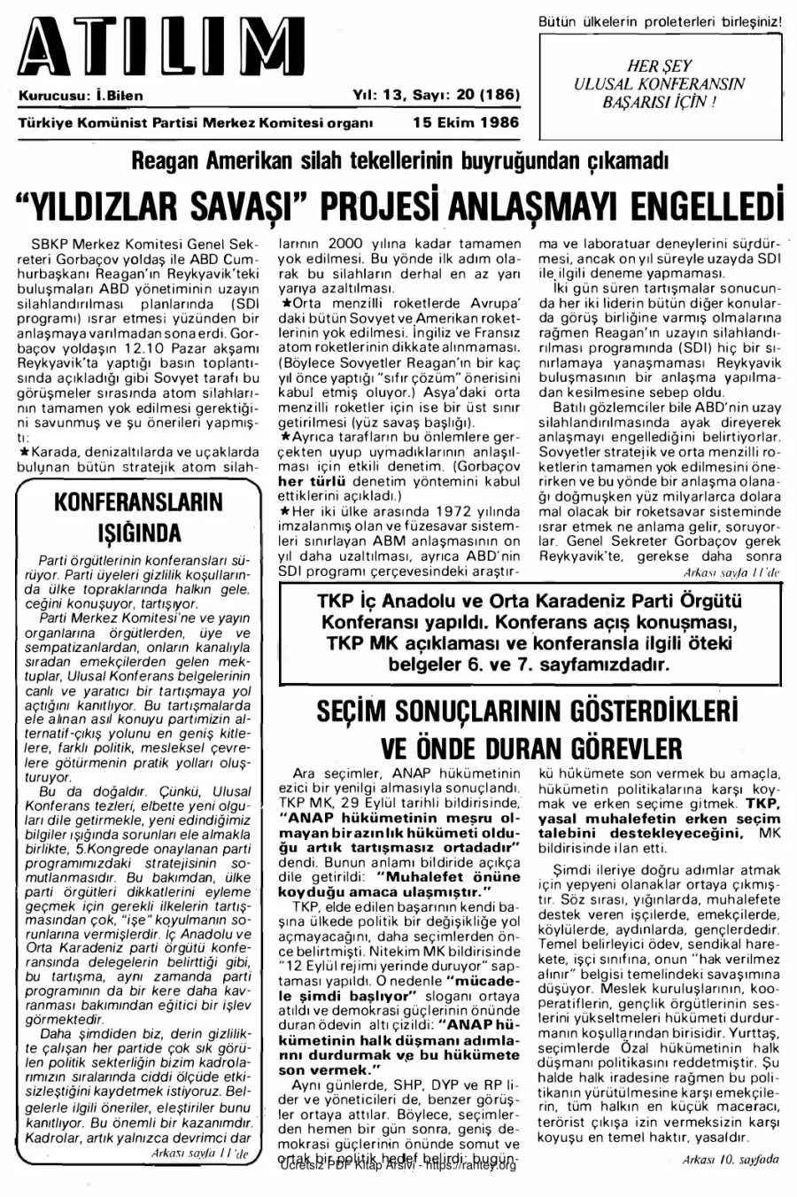 Atılım Sayı 186 - 15 Ekim 1986 kapak görseli