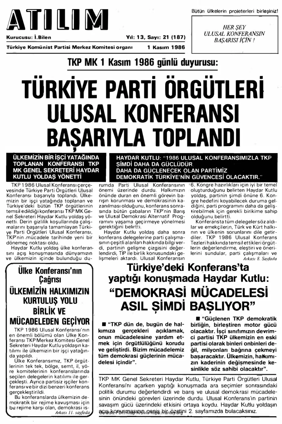 Atılım Sayı 187 - 01 Kasım 1986 kapak görseli