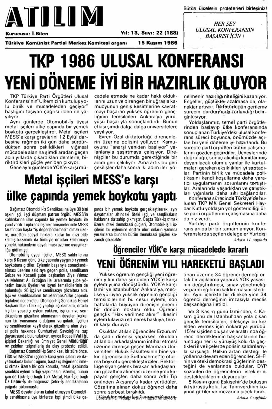 Atılım Sayı 188 - 15 Kasım 1986 kapak görseli