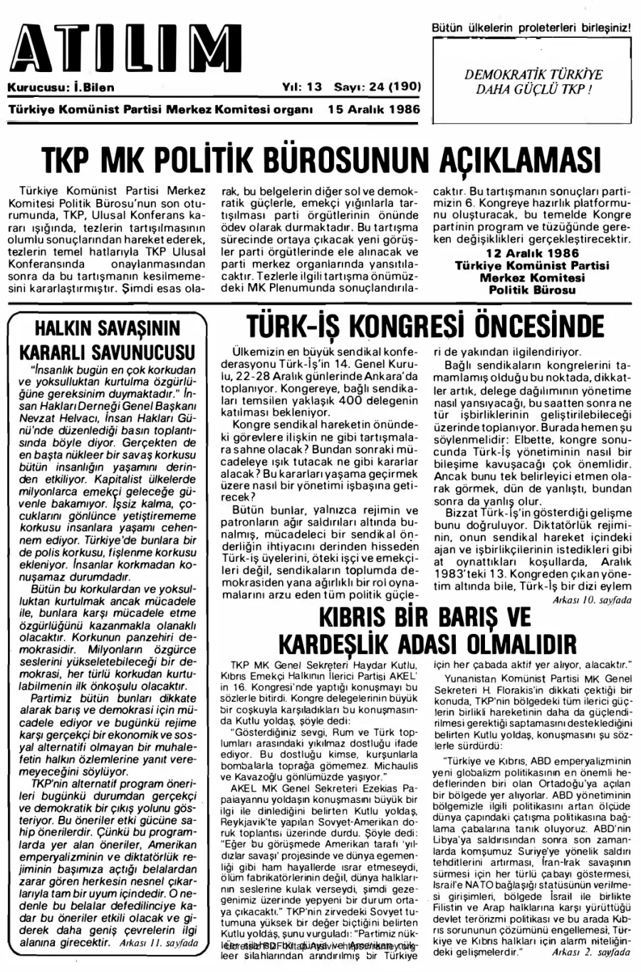 Atılım Sayı 190 - 15 Aralık 1986 kapak görseli