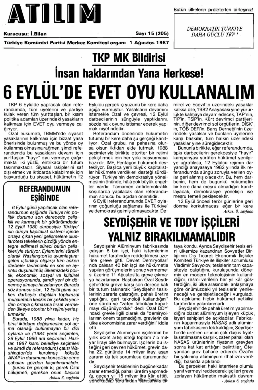 Atılım Sayı 205 - 01 Ağustos 1987 kapak görseli