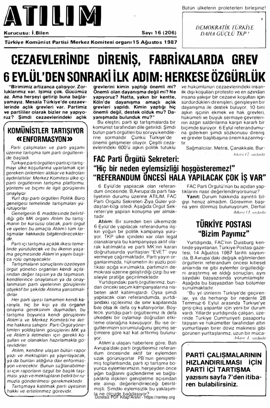 Atılım Sayı 206 - 15 Ağustos 1987 kapak görseli