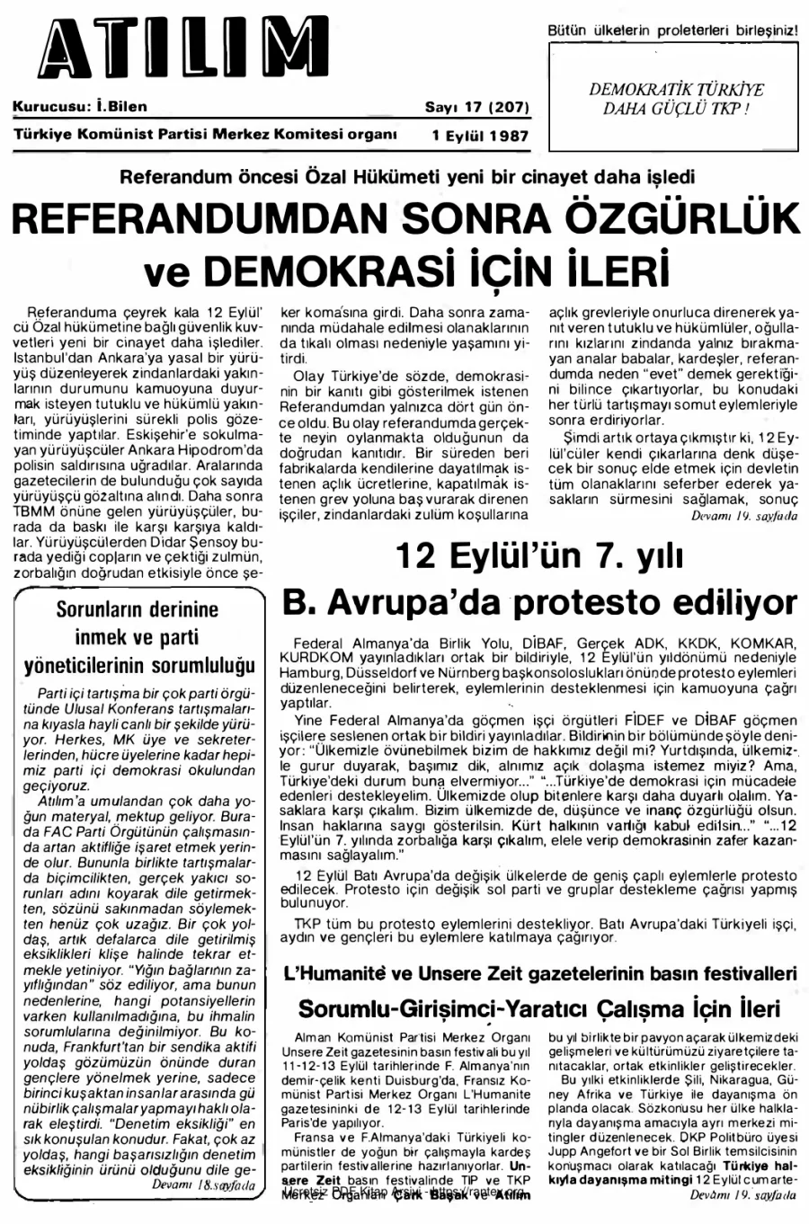 Atılım Sayı 207 - 01 Eylül 1987 kapak görseli