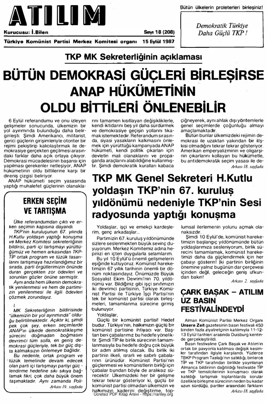 Atılım Sayı 208 - 15 Eylül 1987 kapak görseli