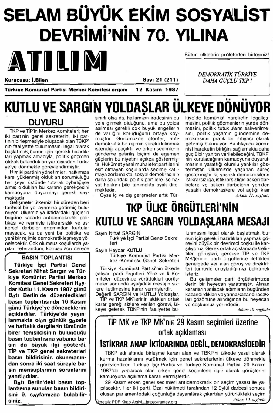 Atılım Sayı 211 - 12 Kasım 1987 kapak görseli