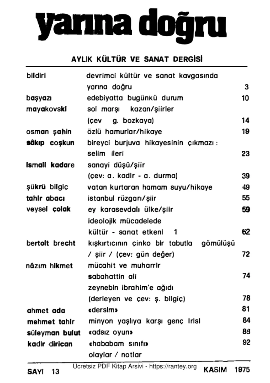 Aylık Siyaset Kültür Sanat Dergisi Sayı 13 Kasım 1975 kapak görseli