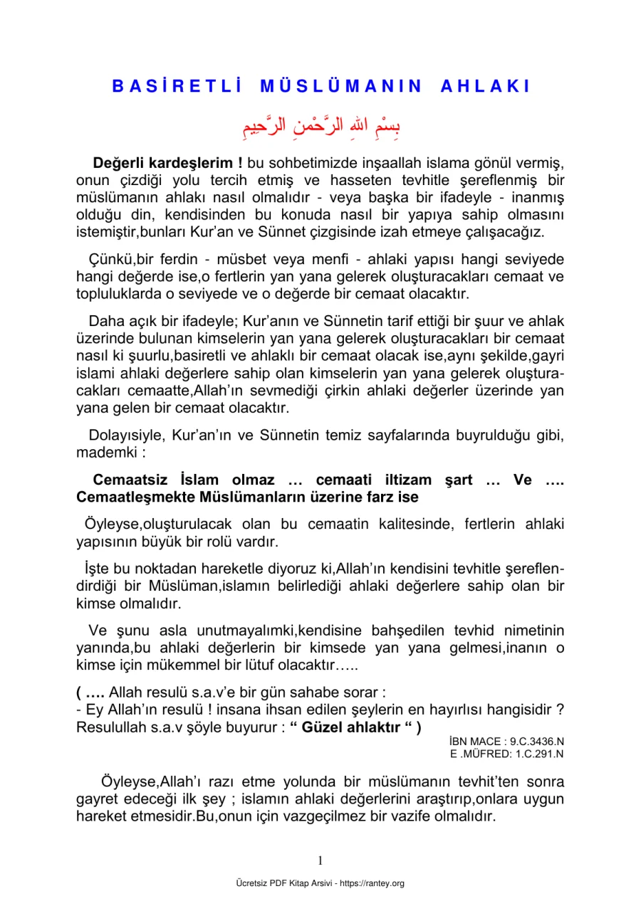 BASİRETLİ MÜSLÜMANIN AHLAKI Ebu Abdulmumin Tekin Mıhçı kapak görseli