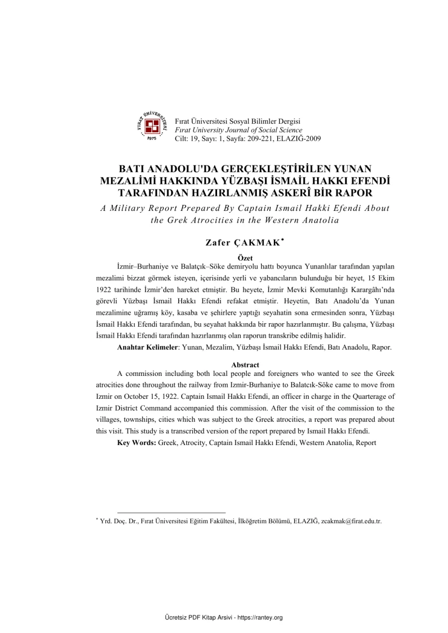 BATI ANADOLUDA GERÇEKLEŞTİRİLEN YUNANMEZALİMİHAKKINDA YÜZBAŞIİSMAİL HAKKI EFENDİTARAFINDAN HAZIRLANMIŞASKER BİR RAPOR kapak görseli