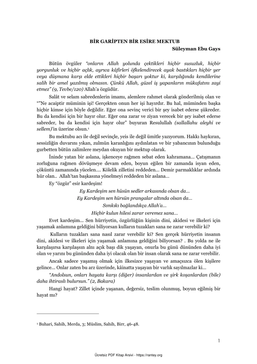 BİR GARİPTEN BİR ESİRE MEKTUB Ebu Abdulmumin Tekin Mıhçı kapak görseli