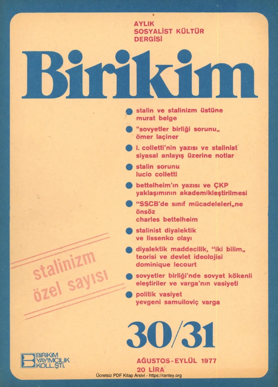 Birikim Sayı 030 031 1977 Ağustos Eylül kapak görseli