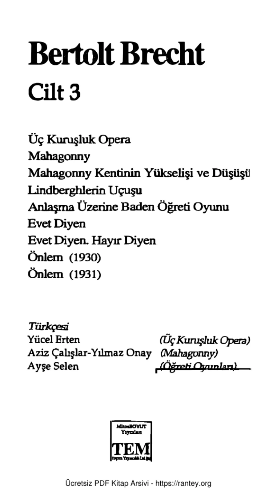 Bütün Oyunları Cilt 3 Mitos Yayınları kapak görseli