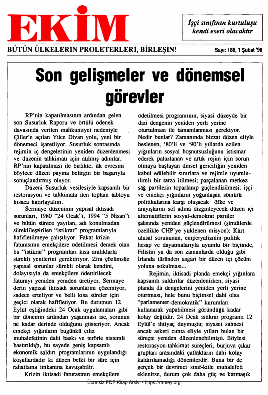Ekim Sayı 186 - 01 Şubat 1998 kapak görseli