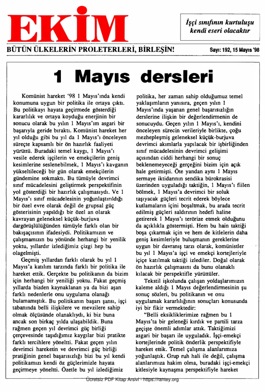 Ekim Sayı 192 - 15 Mayıs 1998 kapak görseli