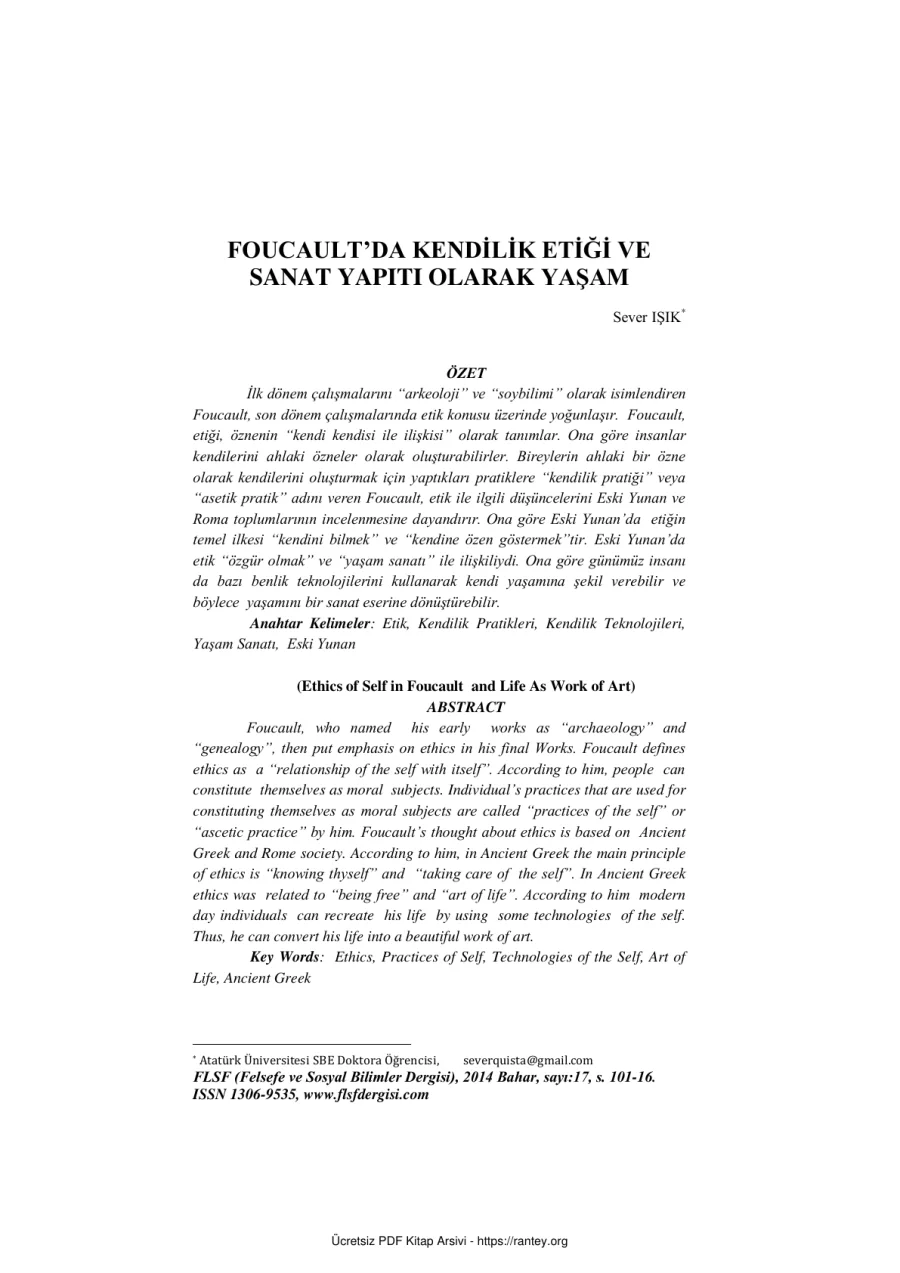 Foucaultda Kendilik Etiği ve Sanat Yapıtı Olarak Yaşam kapak görseli