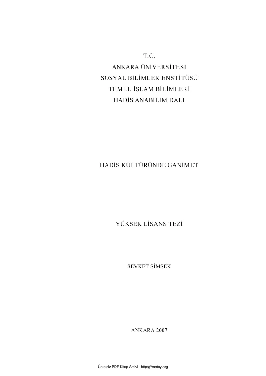 HADİS KÜLTÜRÜNDE GANİMET Dr TEZİ Ebu Abdulmumin Tekin Mıhçı kapak görseli