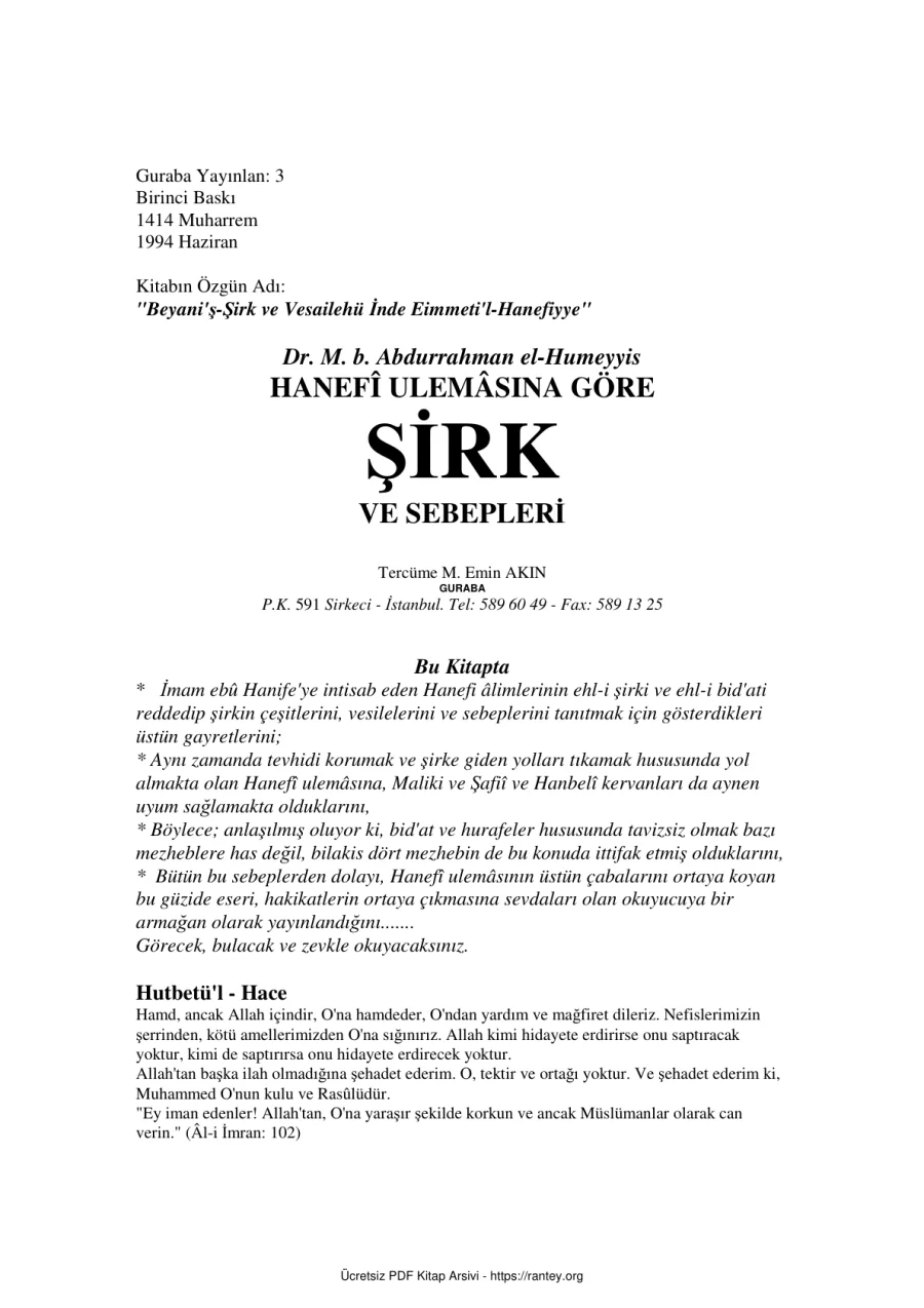 HANEFİ ULEMASINA GÖRE ŞİRK SEBEBLERİ Ebu Abdulmumin Tekin Mıhçı kapak görseli
