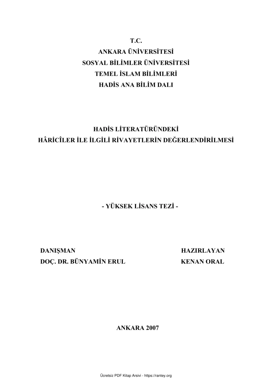 HARİCİLERLE İLGİLİ RİVAYETLER Dr TEZİ Ebu Abdulmumin Tekin Mıhçı kapak görseli