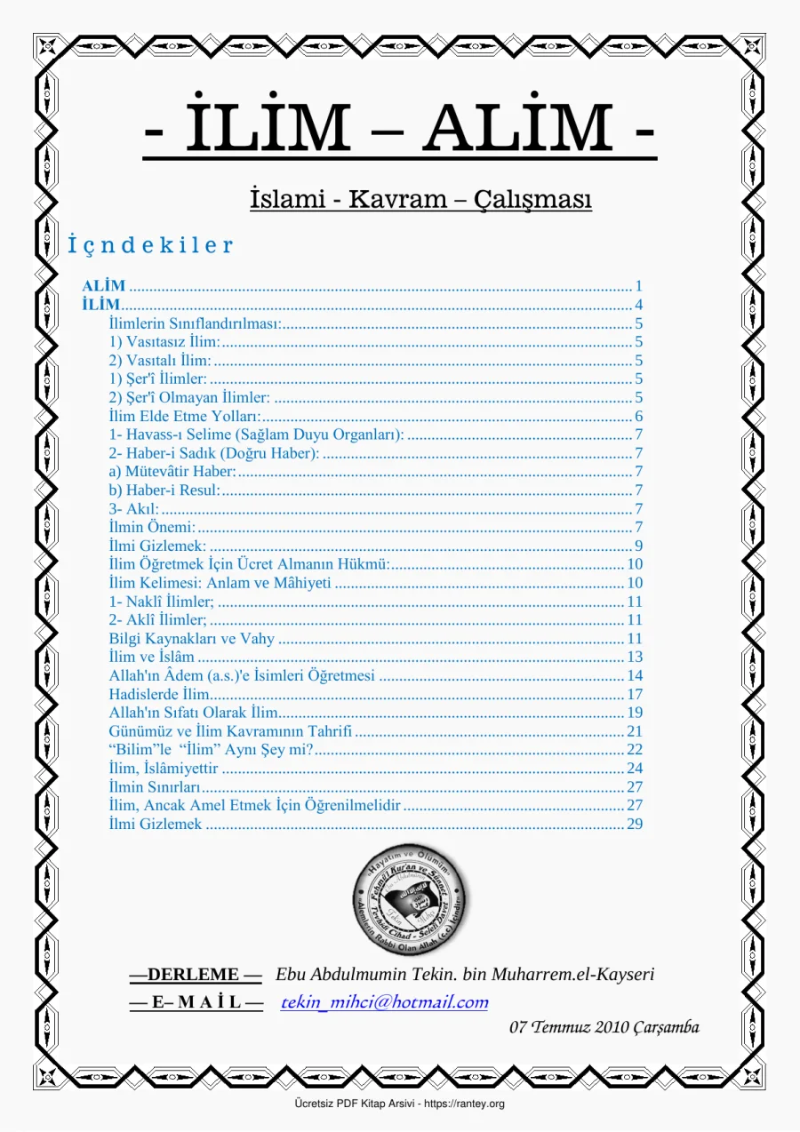 İ L İ MALİM KAVRAMI Ebu Abdulmumin Tekin Mıhçı kapak görseli