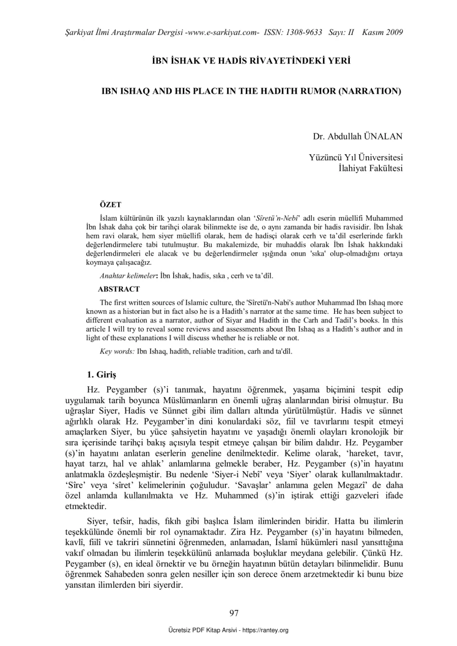 İBN İSHAK VE HADİS RİVAYETİNDEKİ YERİ Ebu Abdulmumin Tekin Mıhçı kapak görseli