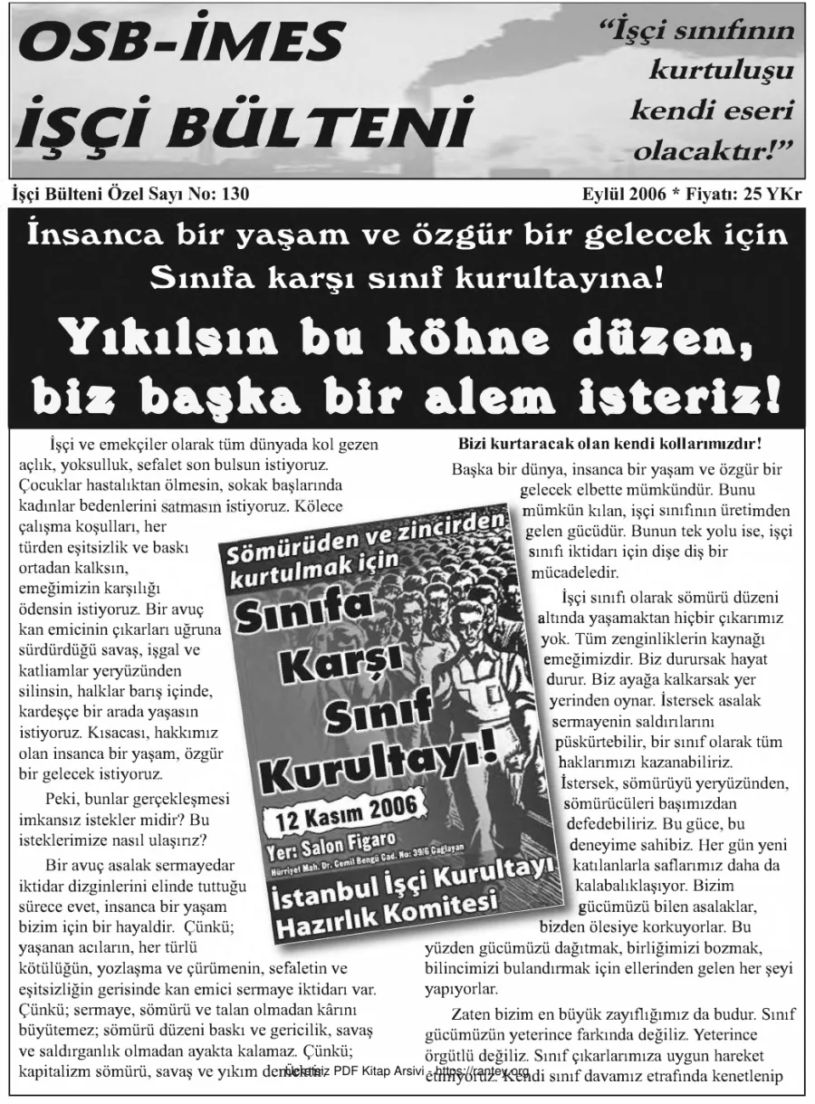 İşçi Bülteni İşçi Bülteni Özel Sayı 130 Eylül 2006 kapak görseli