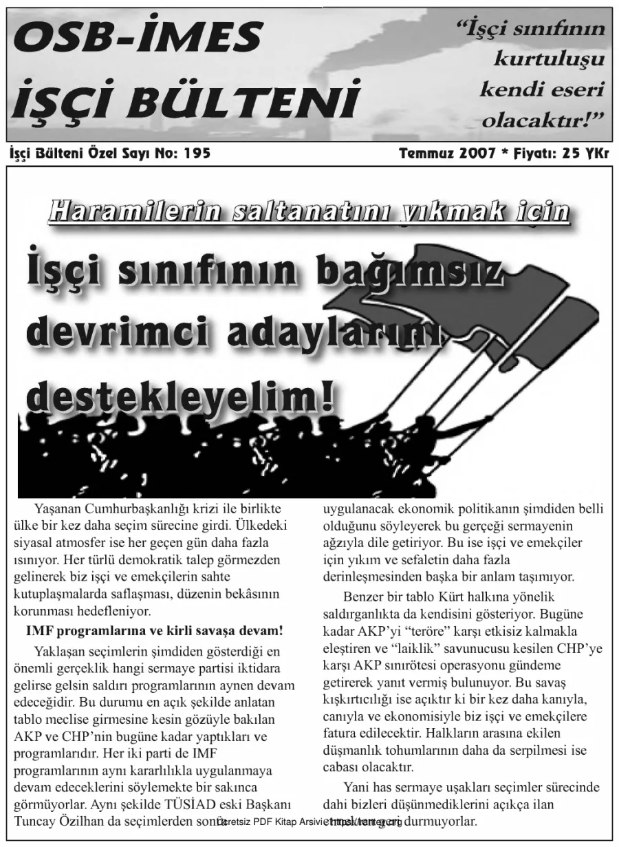 İşçi Bülteni İşçi Bülteni Özel Sayı 195 Temmuz 2007 kapak görseli