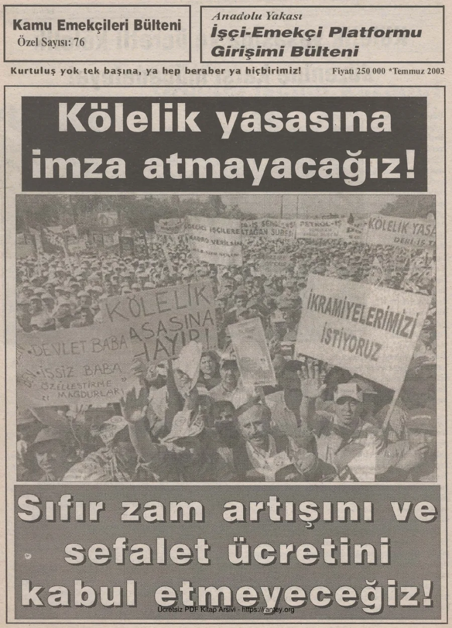 İşçi Emekçi Platformu Girişimi Bülteni Kamu Emekçileri Bülteni Özel Sayı 076 Temmuz 2003 kapak görseli