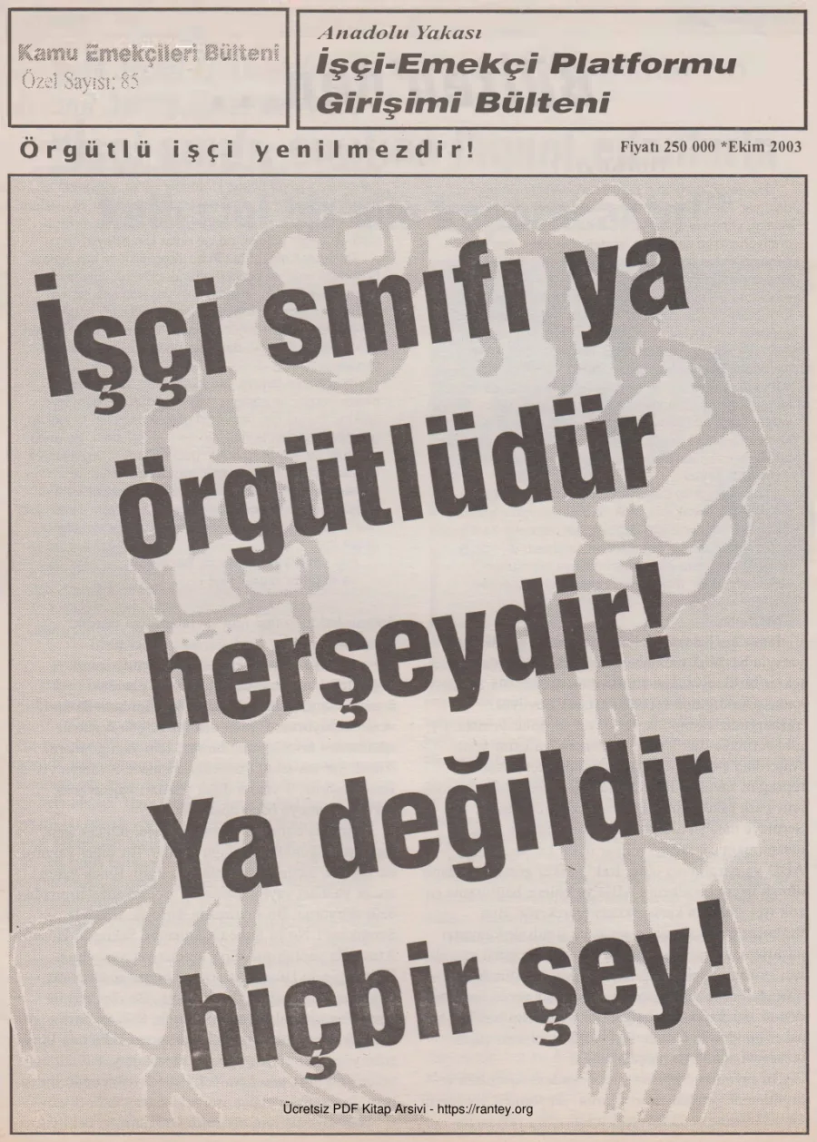 İşçi Emekçi Platformu Girişimi Bülteni Kamu Emekçileri Bülteni Özel Sayı 085 Ekim 2003 kapak görseli