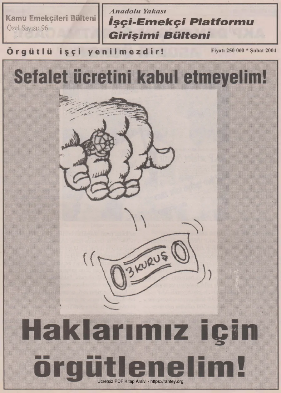 İşçi Emekçi Platformu Girişimi Bülteni Kamu Emekçileri Bülteni Özel Sayı 096 Şubat 2004 kapak görseli