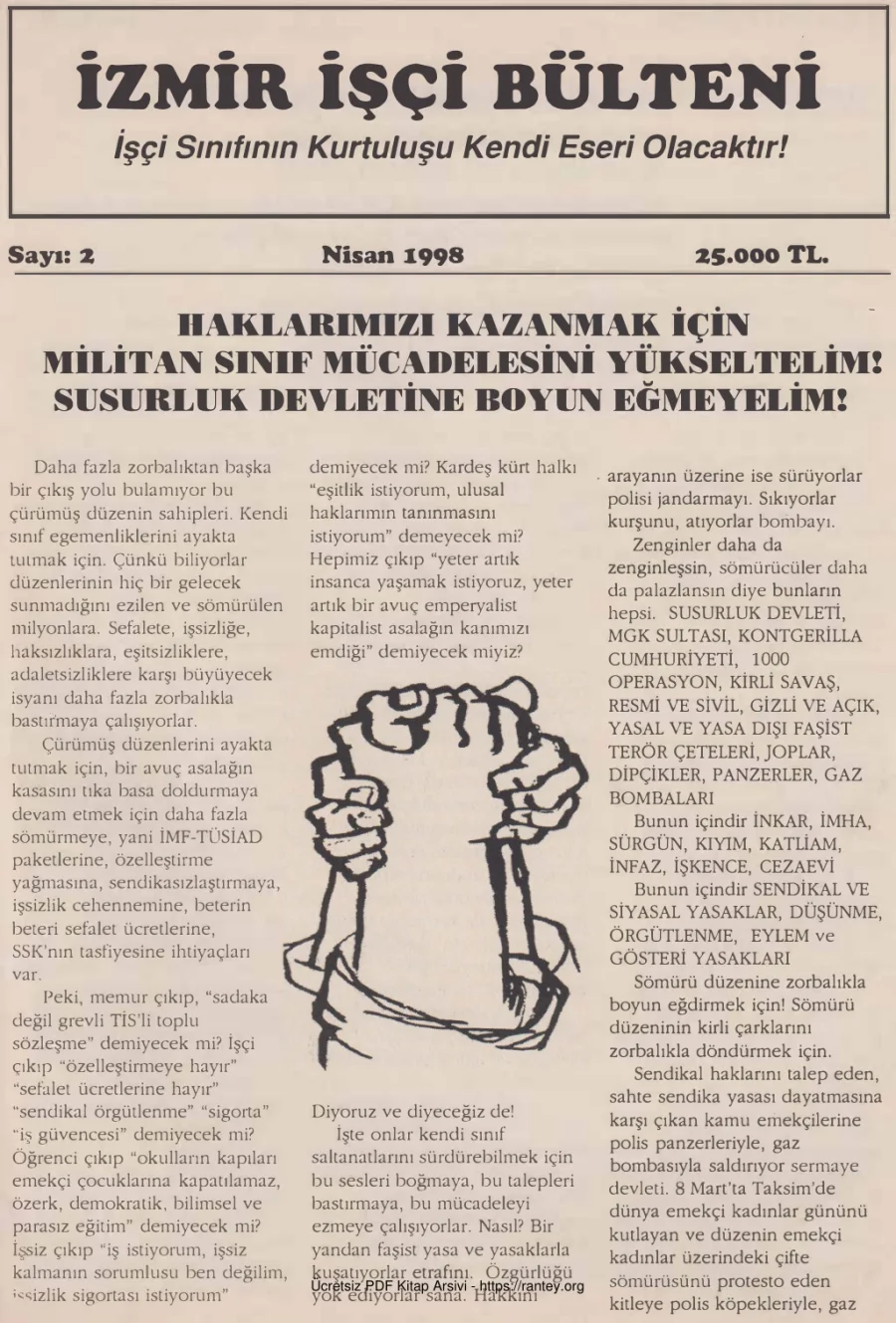 İzmir İşçi Bülteni Sayı 2 Nisan 1998 kapak görseli